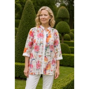 Mishca Top Womens Medium Colorful Floral Mesh Patchwork Sheer Tunic Artsy Resort